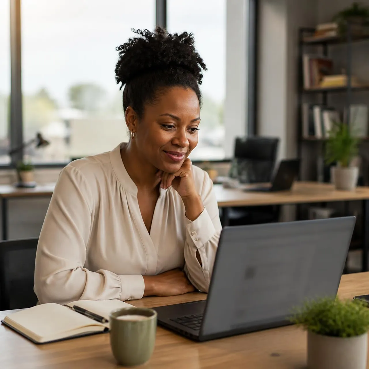 Business professional reading an email on a laptop in an office